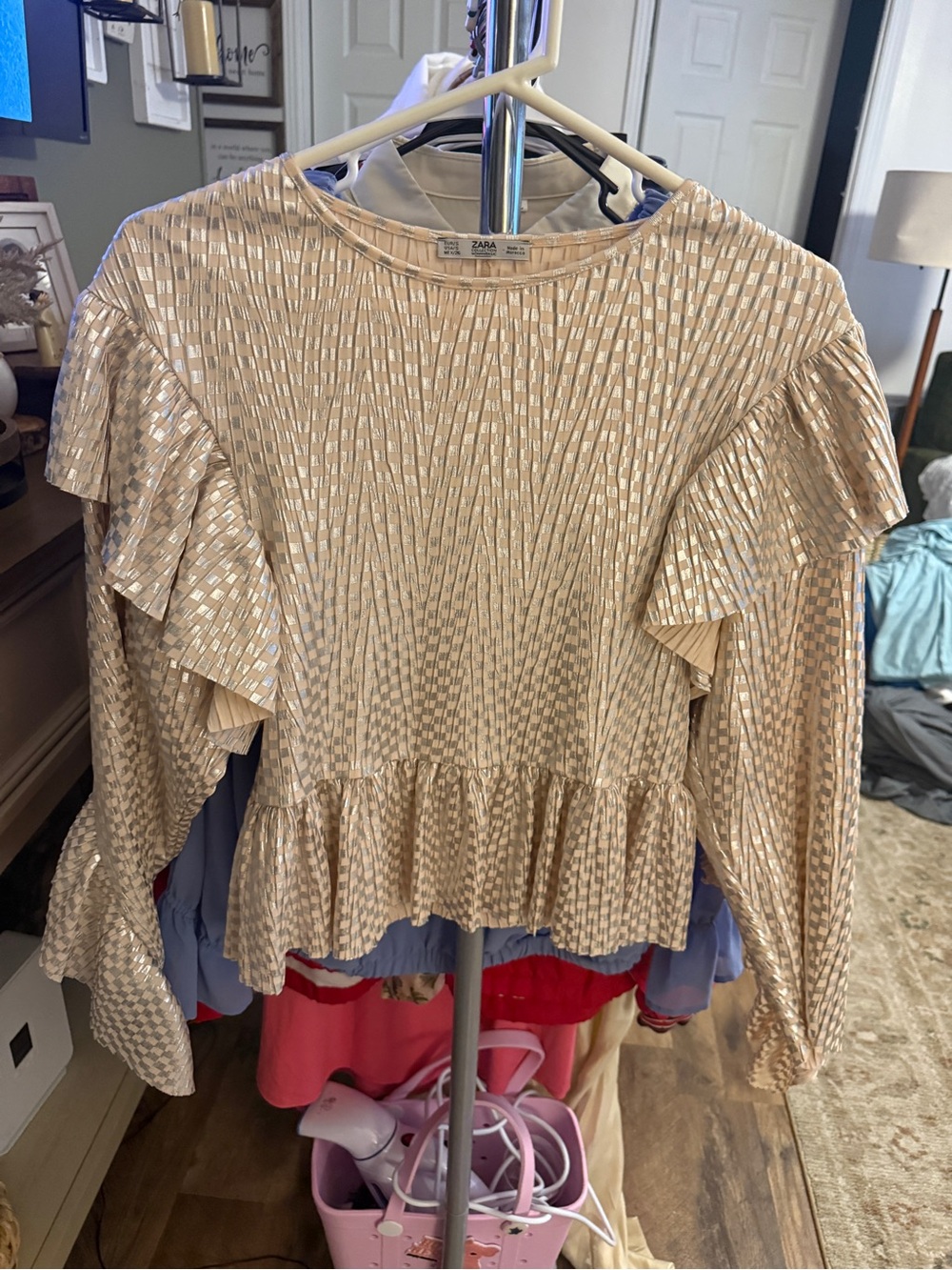 Zara Collection Metallic Check Ruffle Peplum Blouse Size Small